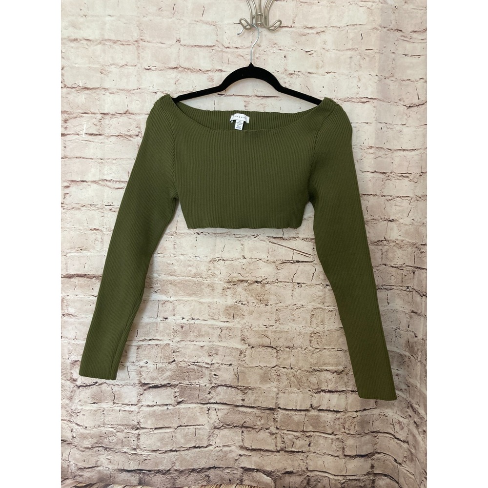 Topshop Shirt Womens 8 Olive Green Cropped Ribbed Textured Ultra Stretch